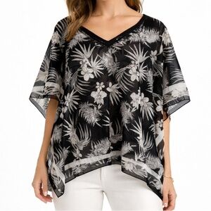 Talbots Black & White Tropical Sheer Poncho Boho Top Size M Cotton & Silk Blend
